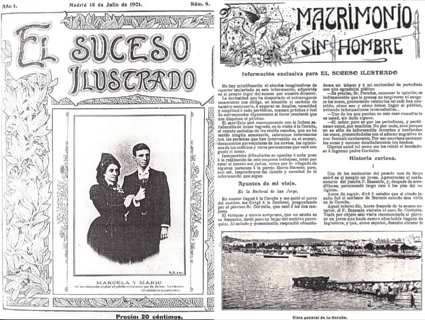 imagen del un periódico antiguo con la noticia de la boda de Marcela y Elisa